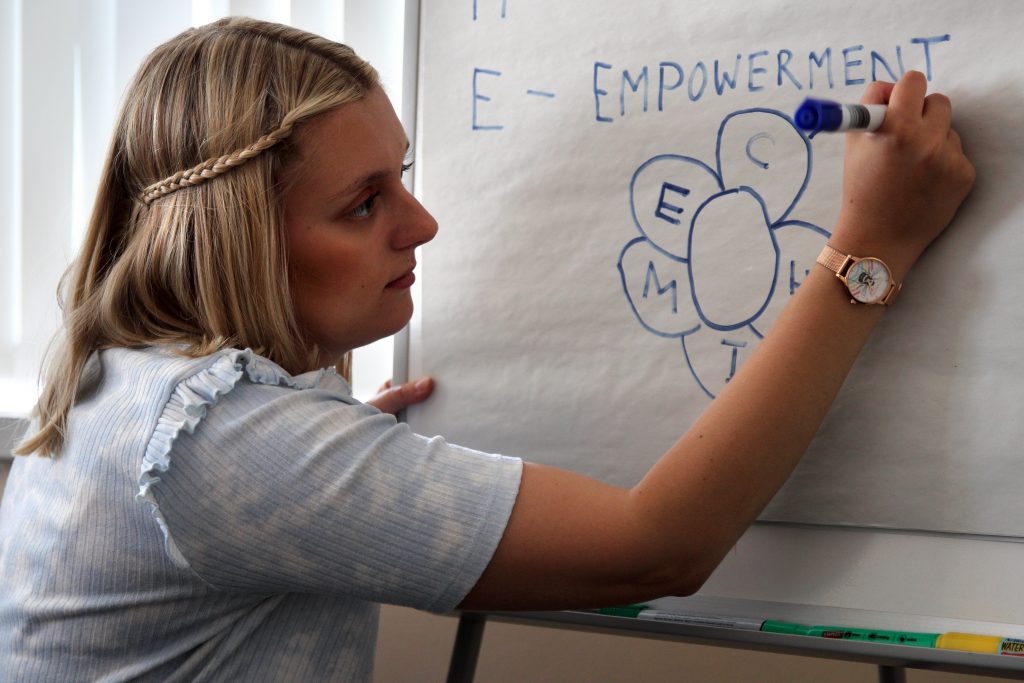 Woman writing on flipchart with the word Empowerment shown