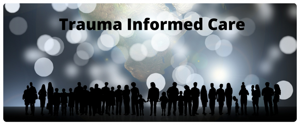 A row of silhouettes of people of all ages below circular white lights with the text trauma informed care.
