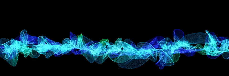 A black background with blue and green netting that weaves together and distorts across the length of the image.