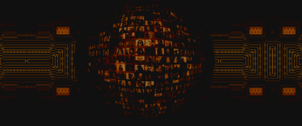 Photos of people's faces in a globe shape with digital connections on either side.