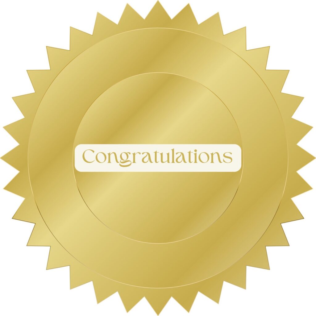 a congratulations gold sticker.