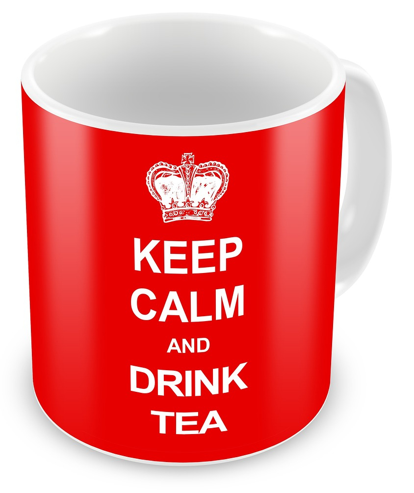 a mug with 'Keep Calm and Drink Tea'.