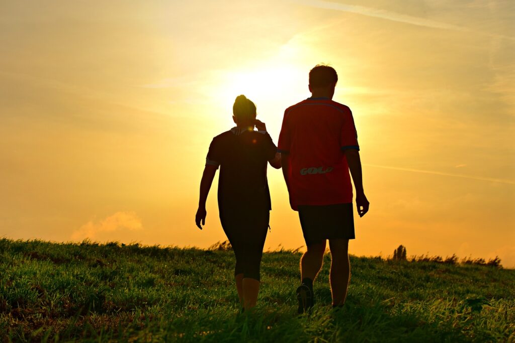 Two people walking as the sun is setting.