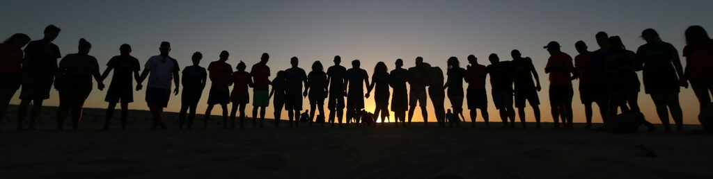 a long line of young people.