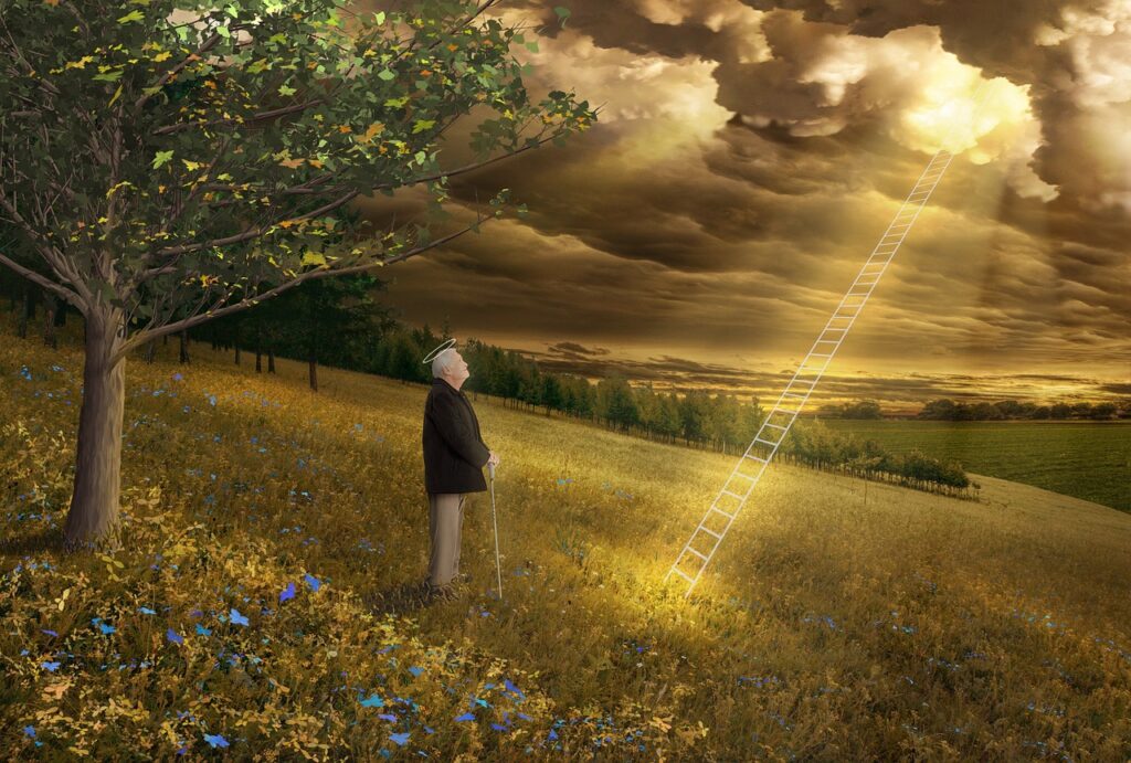 A person looking towards a stairway to heaven.