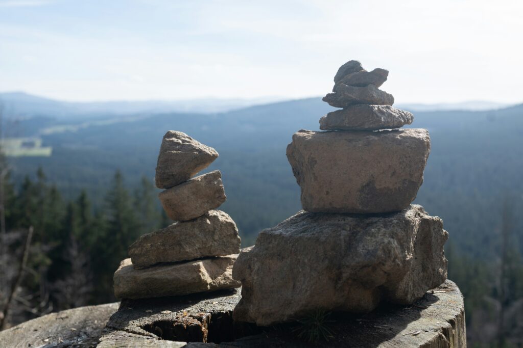 Rocks overlooking a wooded area.