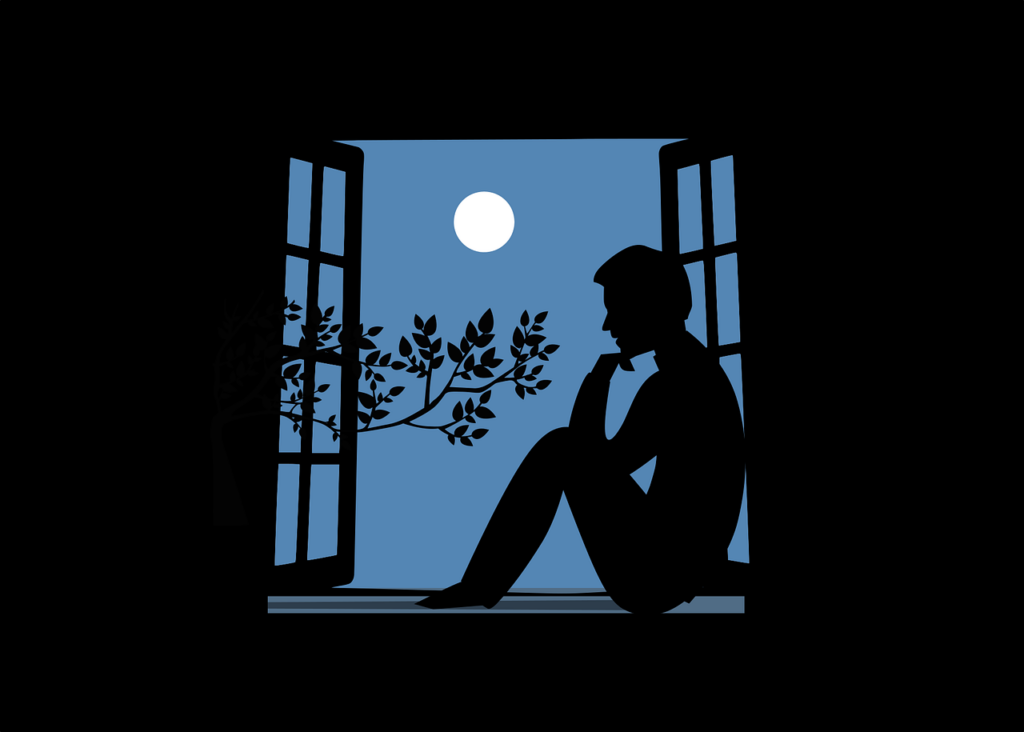 A person sat in a window looking at the moon.