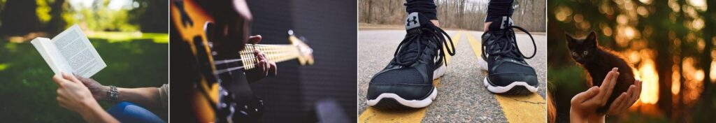 four separate pictures. The first is of someone reading a book. The second of somebody playing a guitar. On the third is a pair of running shoes and the final picture is of a person holding a kitten.