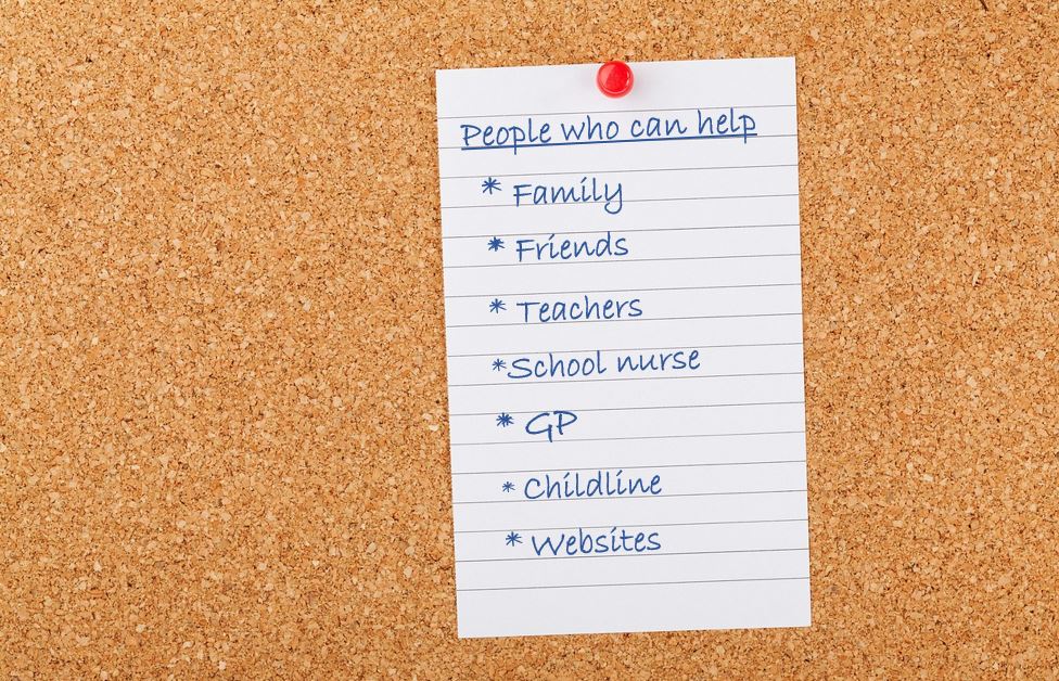 a noticeboard. It says 'People who can help.
* Family.
* Friends.
* Teachers.
* School nurse.
* GP.
* Childline.
* Websites.'
