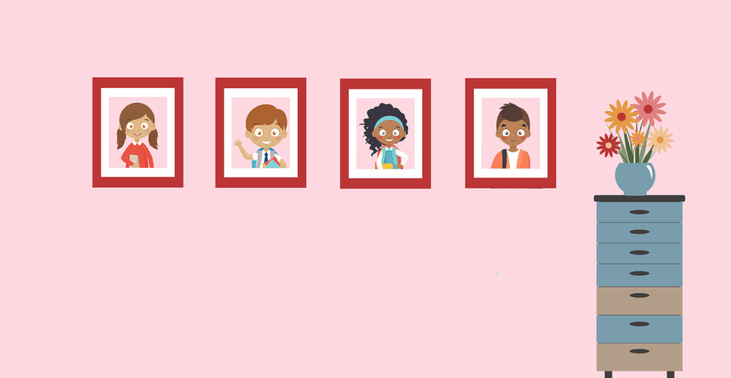 Children's faces in frames.