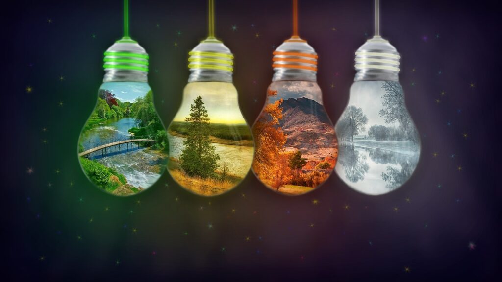 Spring summer autumn winter in light bulbs