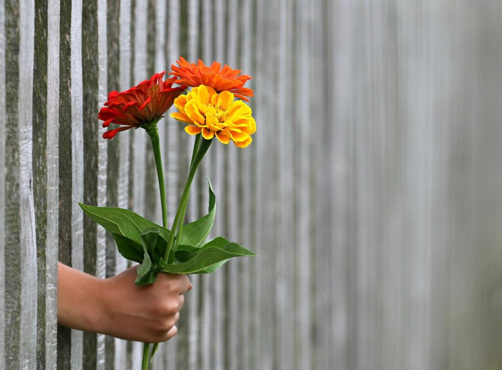 a bunch of flowers being held through a fence.