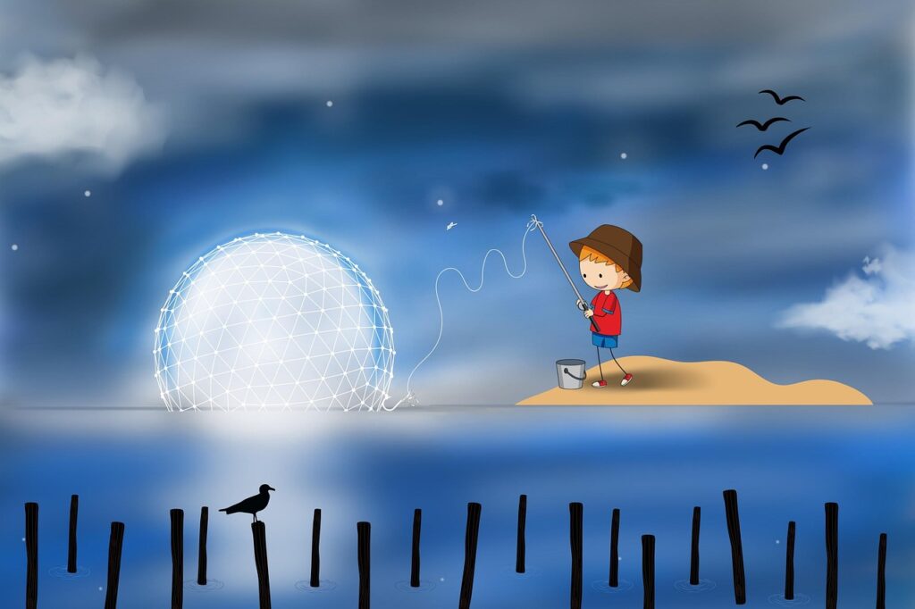 a child with a silver ball in a fishing net.
