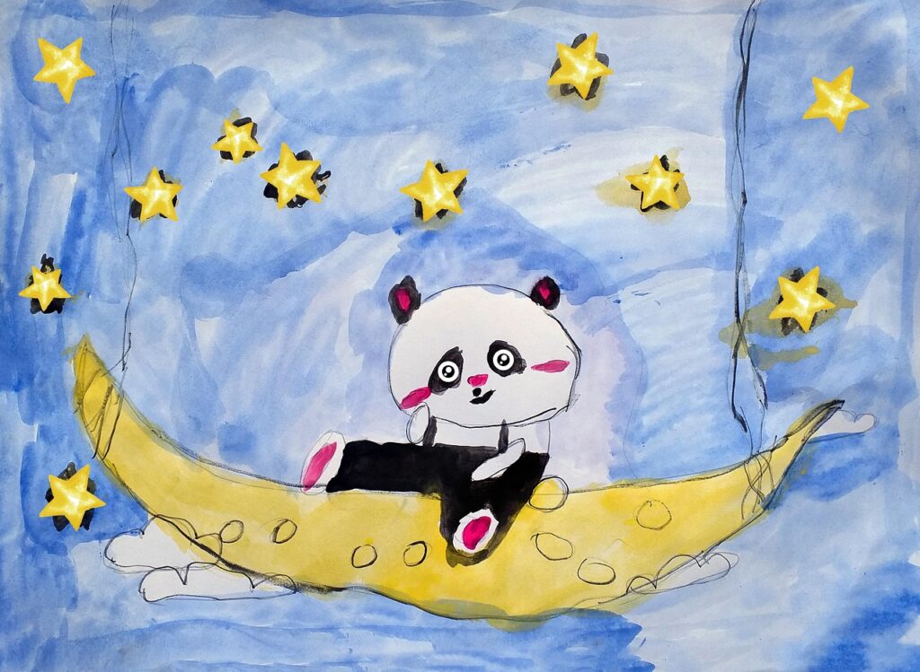 an unhappy panda on a moon.