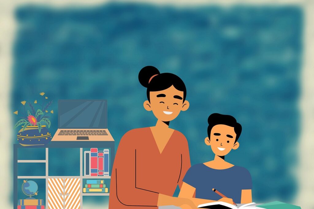 an adult talking to a child.