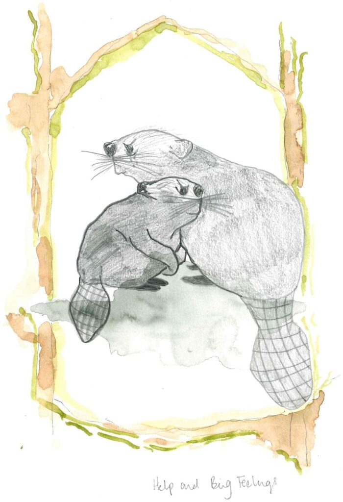 two beavers snuggled together.