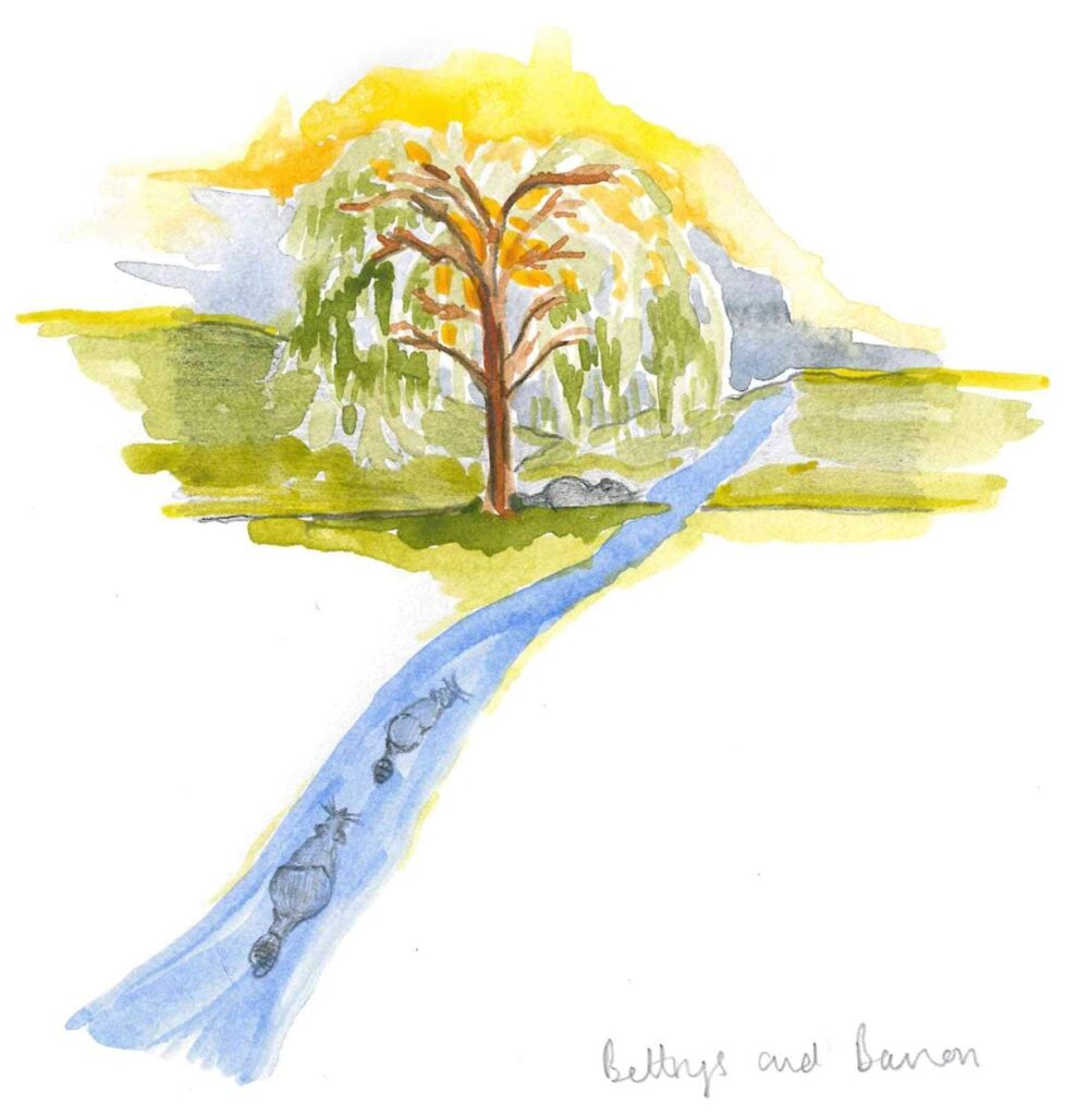 a beaver under a tree with two more swimming towards it.