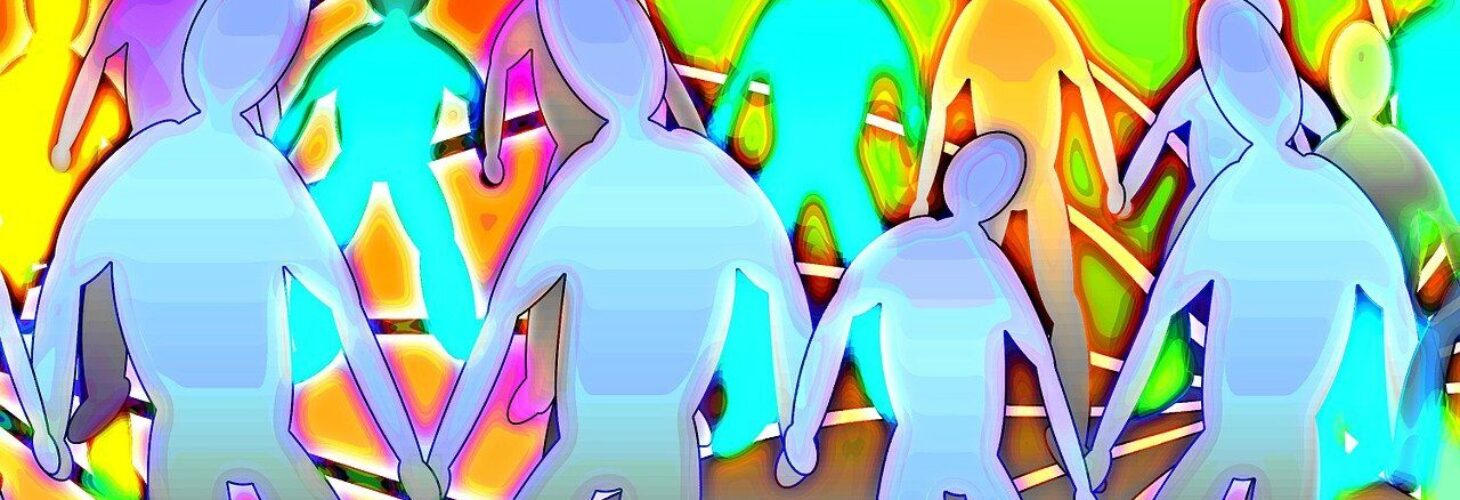 group of people with connected lines behind them.