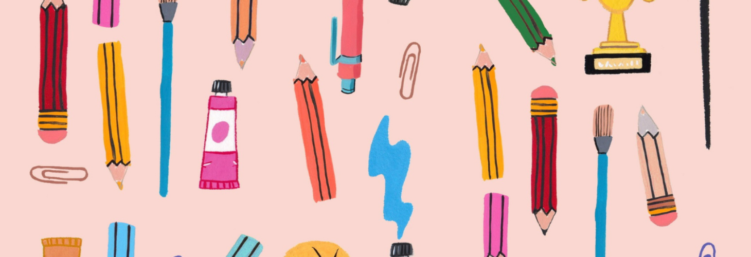 Pens, paint, trophy, paint brush, pencil, rubber, paper clip.