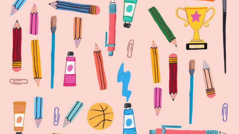 Pens, paint, trophy, paint brush, pencil, rubber, paper clip.
