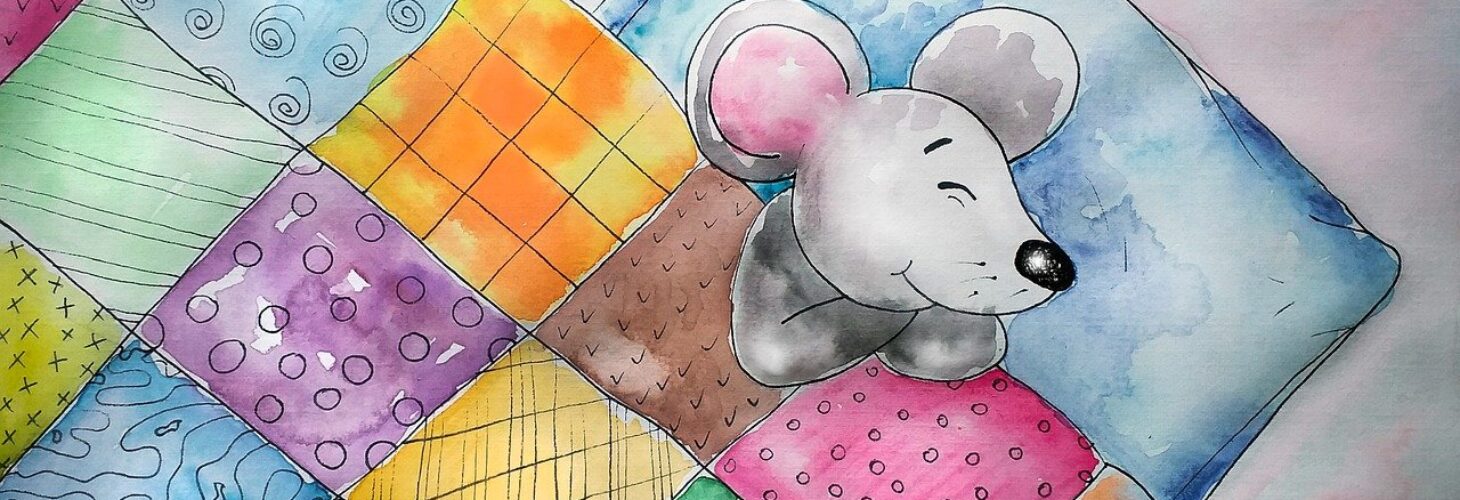 A mouse asleep in a bed.