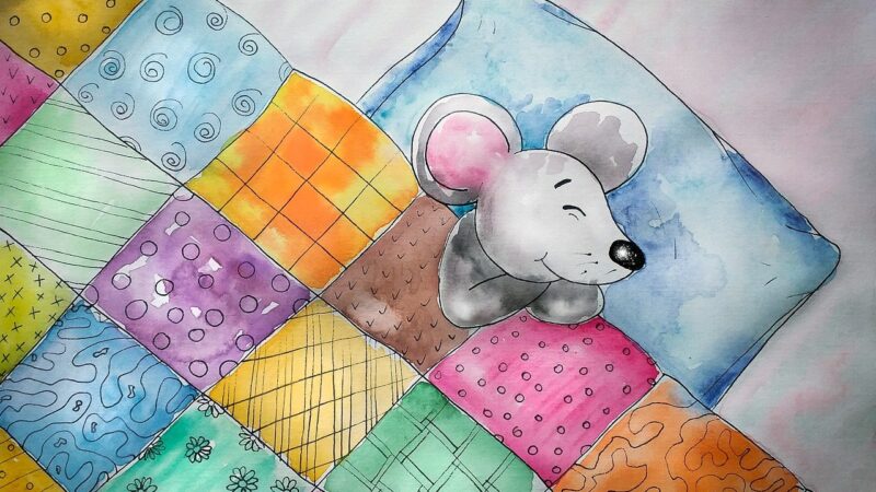 A mouse asleep in a bed.