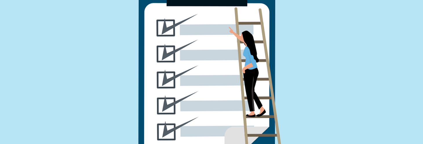 A person climbing up a ladder, ticking off their goals