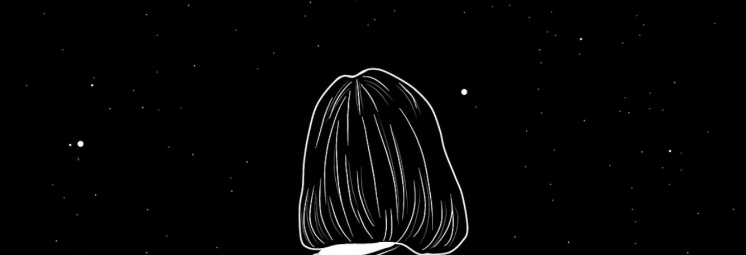 A person looking into the sky on a dark night. A few stars and the moon are visible