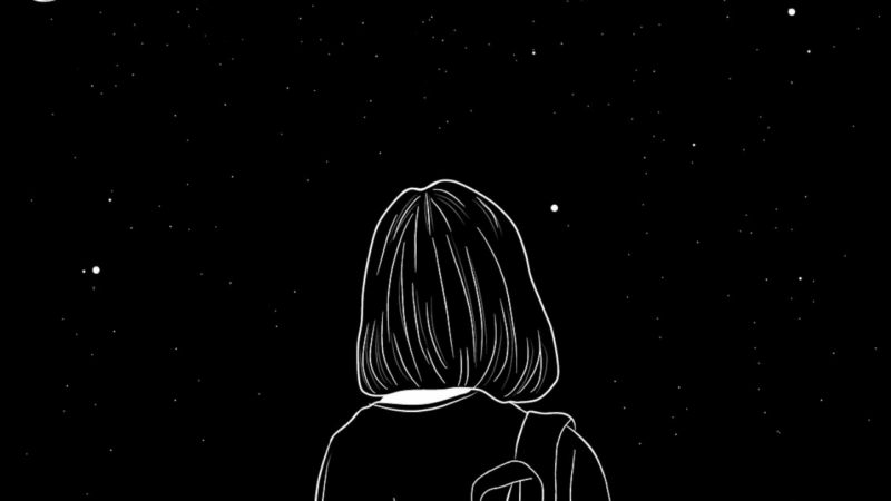 A person looking into the sky on a dark night. A few stars and the moon are visible
