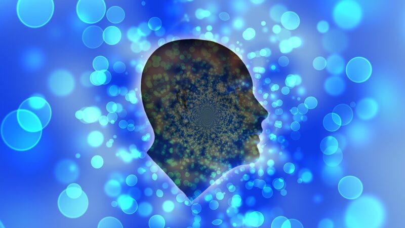 An outline of a head with lots of bubbles around it.