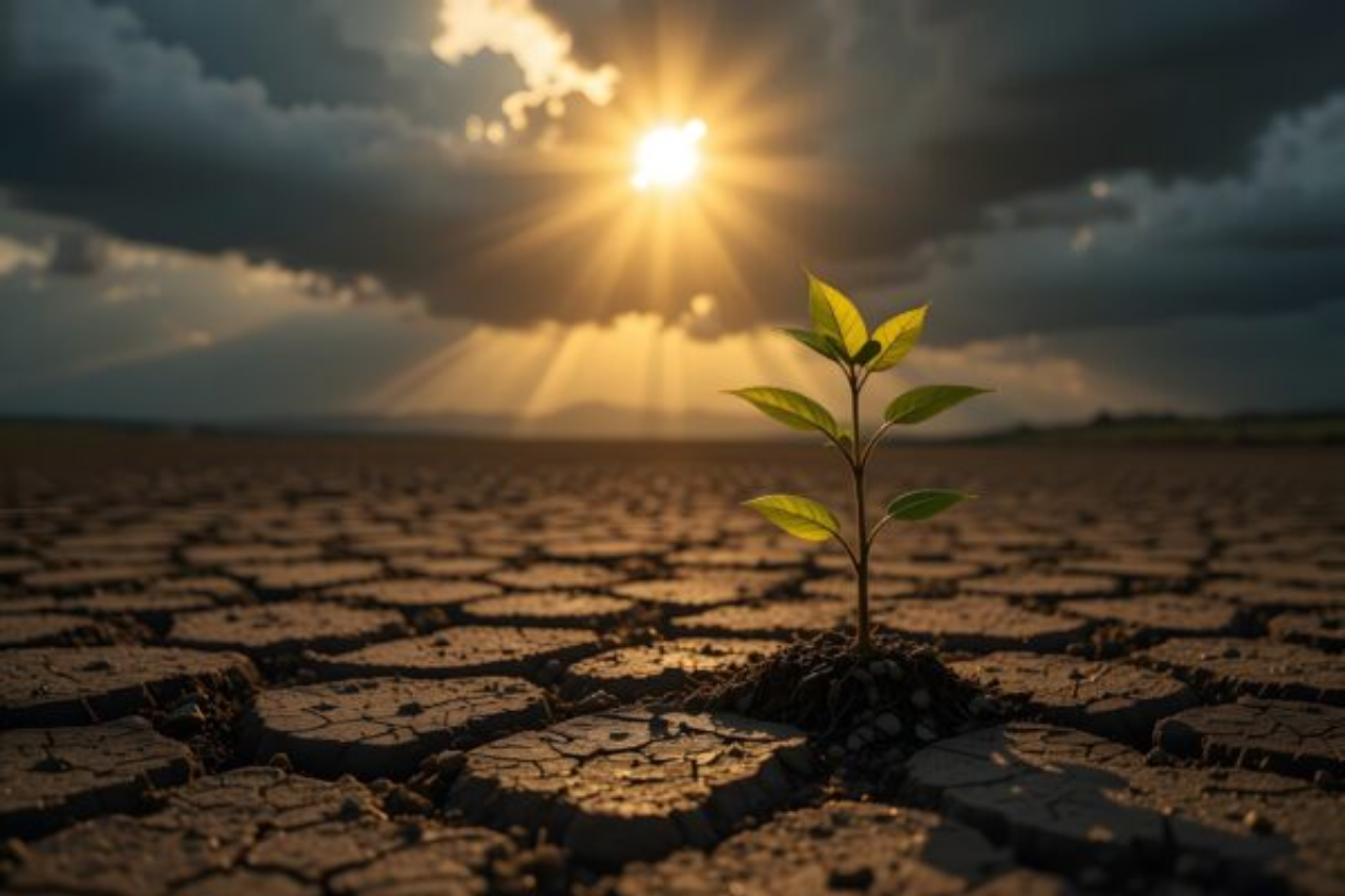 a plant growing through dry ground