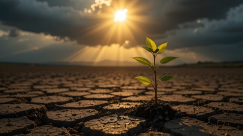 a plant growing through dry ground