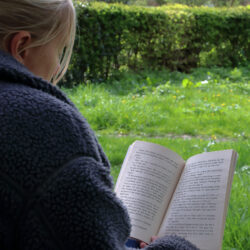 woman reading a book on the grass